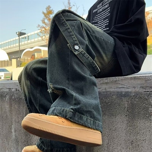 美式高街Vibe复古重工做旧水洗牛仔裤男解构拼接设计直筒阔腿长裤图片