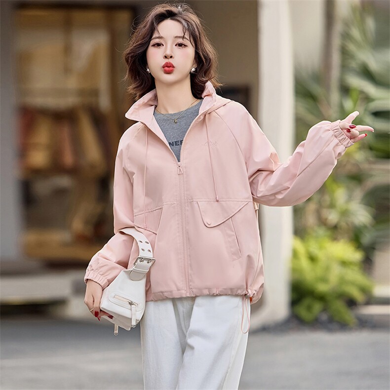 休闲宽松连帽短款外套女2025春秋新款小个子洋气减龄粉色夹克上衣,女装短外套,韩蔻秀