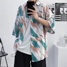 短袖衬衫男夏季薄款花衬衣宽松ins港风日系痞帅沙滩寸衫1030-p33，男装衬衫，星座1008-1