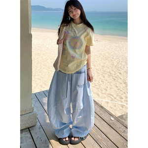 美式街头条纹弯刀裤女2025超火夏装街头撞色腰头拼接 KB3048图片