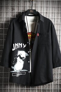 2021夏季新款日系大码男网格风猫咪印花宽松七分袖衬衫C3005-P45图片