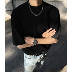 美式白色半高领短袖T恤男春夏季高级感正肩cleanfit五分半袖内搭，男装T恤，电商A072