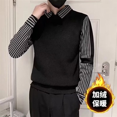 假两件条纹翻领毛衣男韩系秋冬加绒加厚打底修身衬衫针织衫，男装针织衫/毛衣，星座1116A-2（原606A-1）