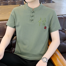 风2026夏季纯棉盘扣绣短袖T恤唐装大码男士小衫XF6512-P55，男装T恤，星座1105-3