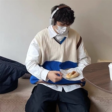 3130-P44无袖v领针织背心男春秋款外穿马甲ins原宿风撞色日系，男装背心/马甲，电商B323A
