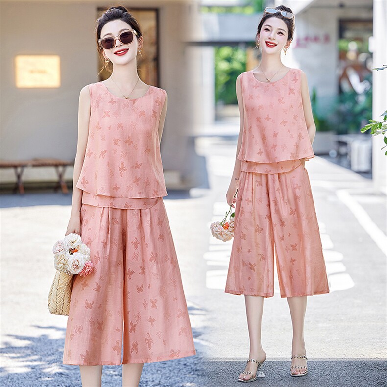 【现货】2024年夏季新款提花无袖阔腿裤套装女，女装套装/套裙，贵人树