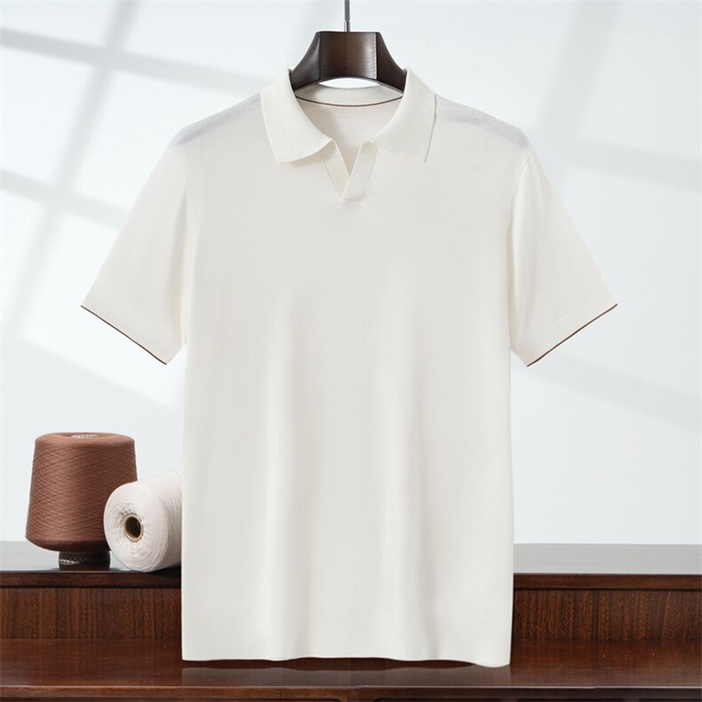 夏季新款休闲商务风男士意式海鸥领短袖，男装T恤，暖烁羊绒