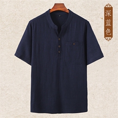 主推款高端中年亚麻短袖套装男大码V领唐装中老年棉麻T恤套装夏装，男装T恤，钱塘723
