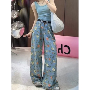 复古花卉满印碎花牛仔裤女夏季高腰梧桐裤直筒阔腿裤子 NA199图片