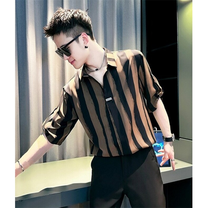 条纹衬衫男士短袖夏季冰丝男装痞帅V领七分中袖衬衣CA6725,男装T恤,星座1116A（原606A-3）