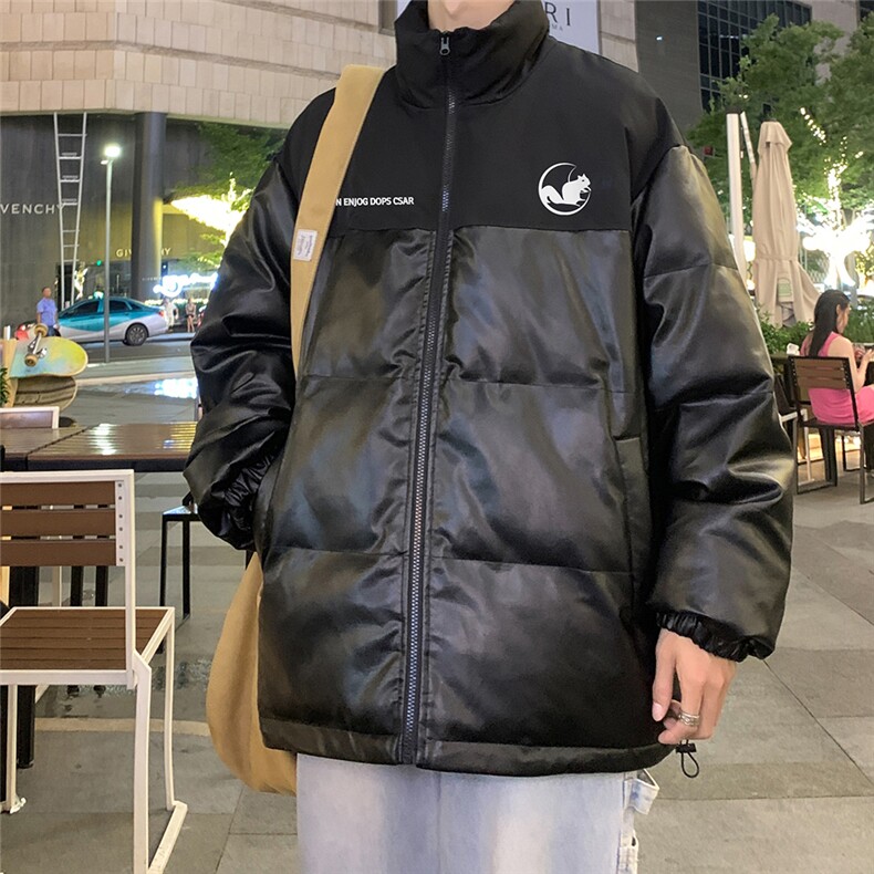 港风夜景可爱松鼠印花休闲立领PU皮棉服A247-MY84006特批95控158,男装棉衣,电商A247
