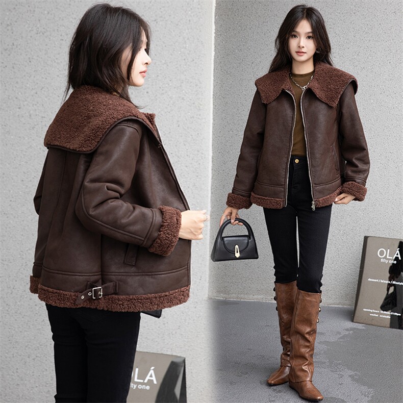 现货2024冬新款海军大翻领短羊羔毛皮毛一体加绒加厚外套韩系，女装羊羔毛/颗粒绒，跑量工厂店