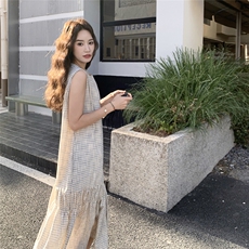 韩系圆领无袖格子拼接褶皱连衣裙2025夏季新高腰显瘦洋气减龄长裙，女装连衣裙，2C217
