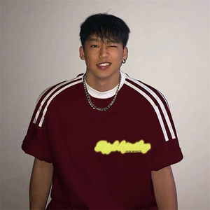 夏季美式高街重磅纯棉三条杠织带撞色男女短袖T恤ZD320-特P30图片