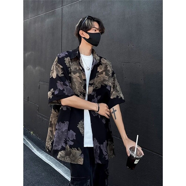 网络图现货印花短袖衬衣男休闲宽松冰丝男装上衣衬衫R2418-P32,男装T恤,星座1005-4
