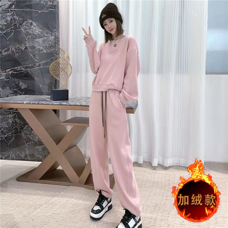 时尚休闲运动套装女秋冬洋气减龄宽松简约圆领卫衣阔长腿裤两件套,女装套装/套裙,江南