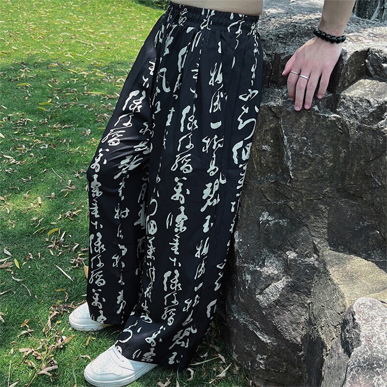 现货男士大码休闲裤直筒裤新中式书法印花长裤夏季冰丝ZK02-P50,男装休闲裤,电商A021