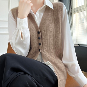 羊毛宽松女高级感简约休闲灰色小香风V领洋气叠穿马夹外搭图片