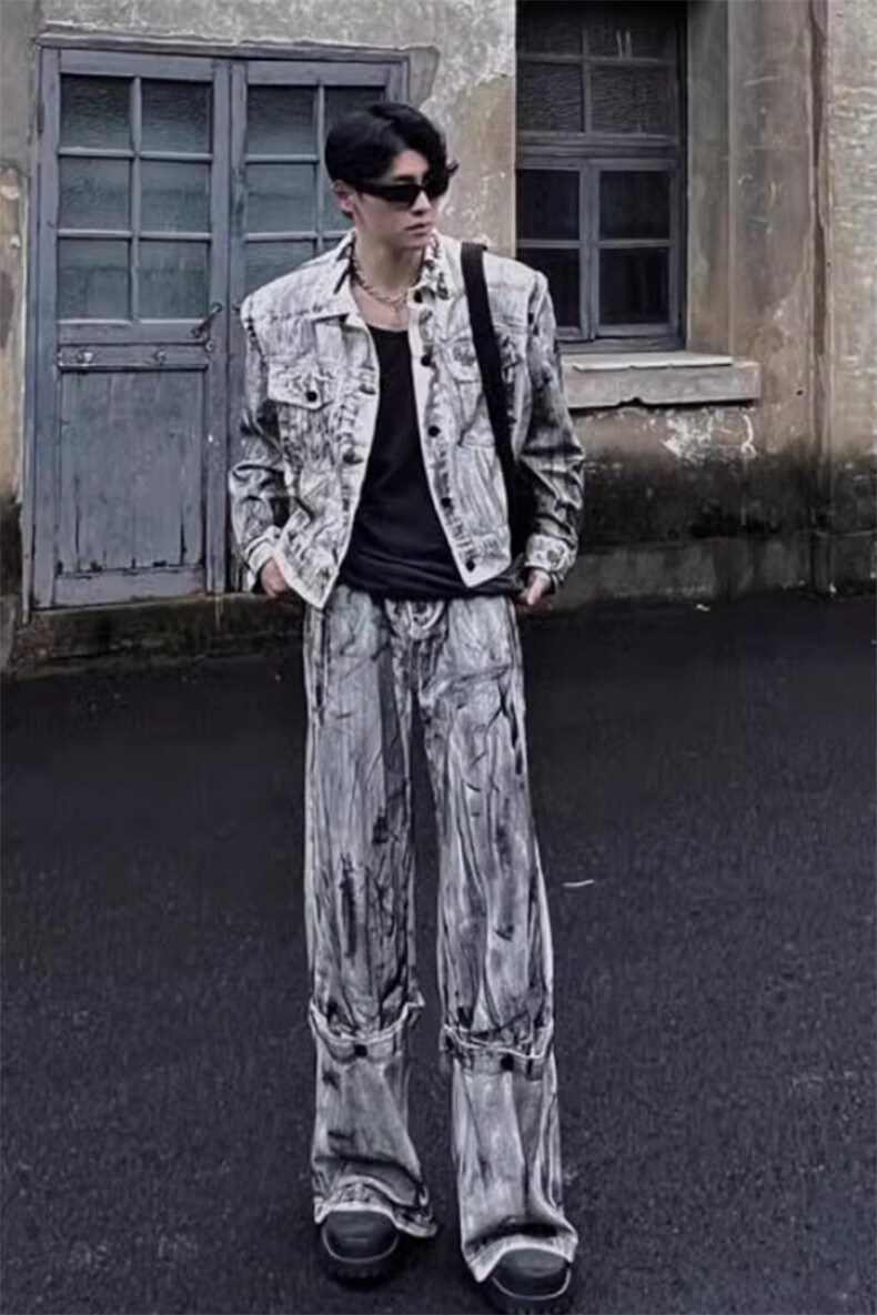 牛仔外套套装高级感痞帅一套扎染微喇裤JK100特P90NZ100特P65,男装工装外套,星座908-1