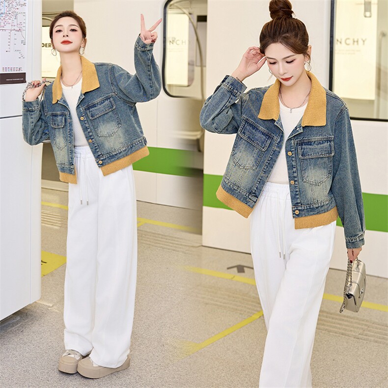 牛仔外套女春秋短款25新款设计感休闲宽松立领夹克小个子上衣套装，女装牛仔外套，江南女神