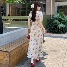 2025夏季新款法式复古彩花显瘦短袖气质优雅碎花韩系百搭连衣裙女，女装连衣裙，玖莱伊