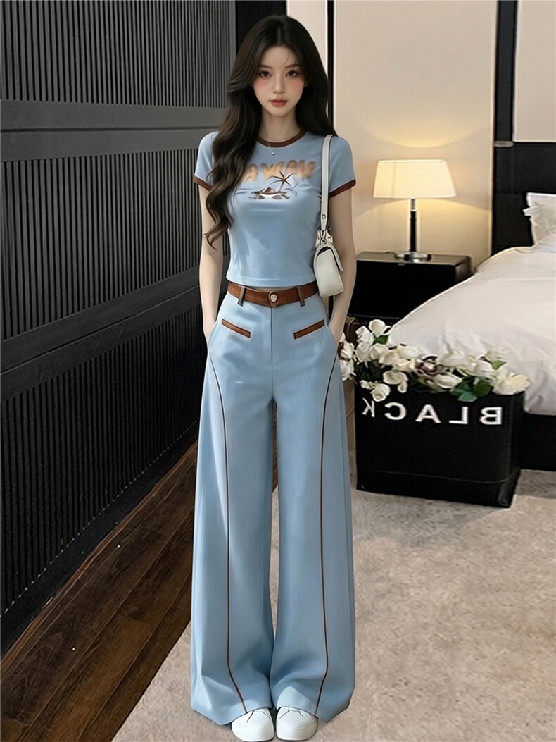 慵懒风休闲时尚套装女夏新款百搭圆领印花短袖上衣阔腿长裤两件套,女装套装/套裙,江南