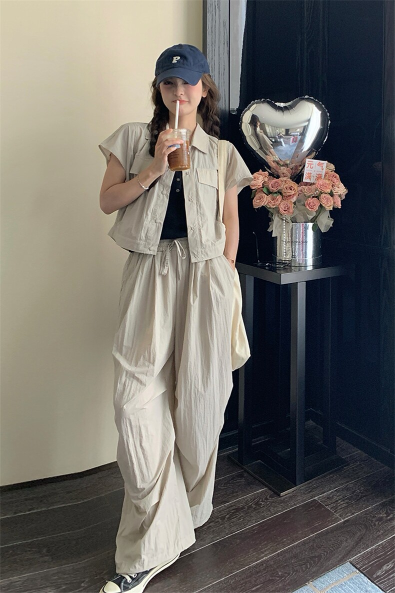 高级感炸街甜酷工装短袖套装女2025夏季新款时尚拖地阔腿裤两件套,女装套装/套裙,纯色衣恋