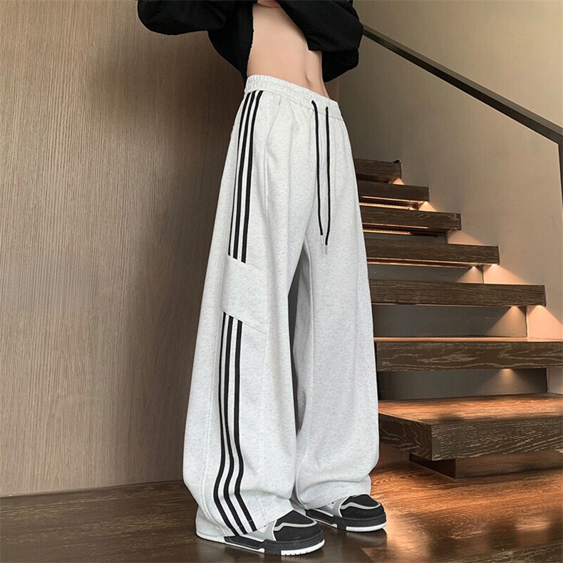 条纹直筒裤男秋季慵懒风撞色拼接设计感弯刀卫裤复古宽松显瘦长裤,男装休闲裤,电商A007