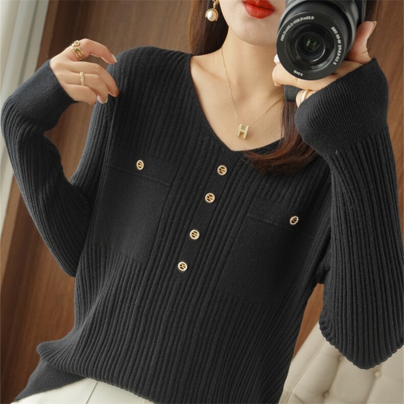 反季清仓春季新款V领羊毛衫女长袖套头针织衫打底衫女宽松毛衣，女装针织衫/毛衣，暖姿羊绒