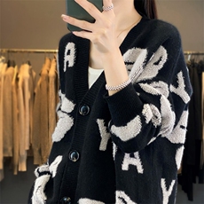 时尚字母图案宽松显瘦舒适时尚羊绒开衫女，女装羊绒衫，琳华羊绒