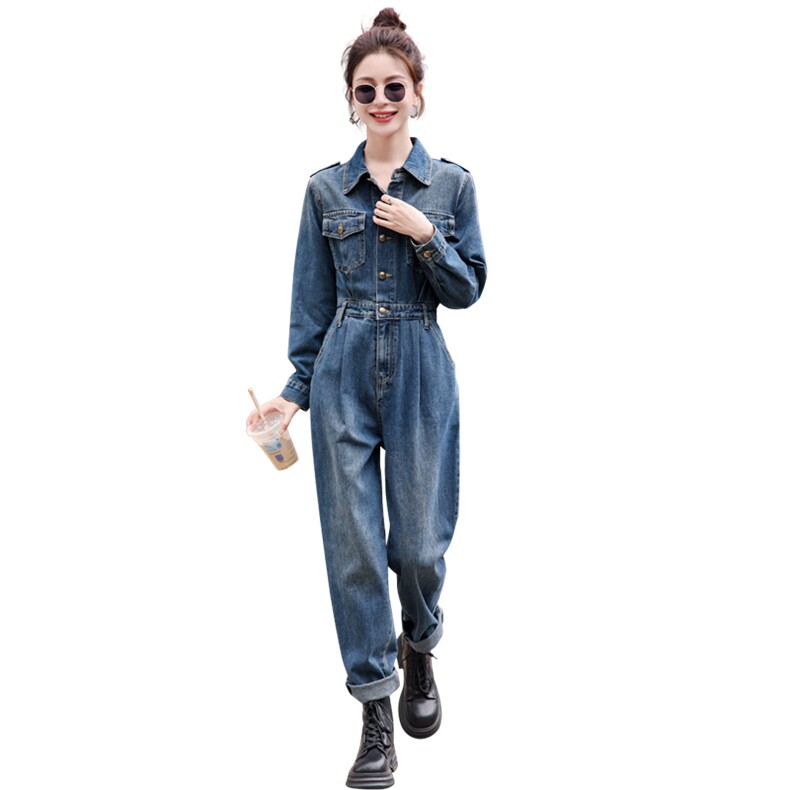 （现货）2025春装新款时尚休闲复古色工装肩章牛仔连体裤,女装连体裤,1D060