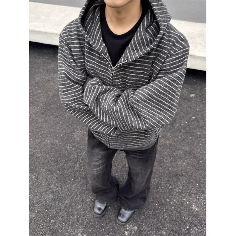 条纹连帽卫衣男款秋季高级感慵懒风开衫cleanfit情侣外套W301,女装短外套,星座1116A（原606A-3）