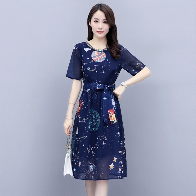 碎花2021年夏季订珠系带收腰时尚气质中长款百搭韩版优雅连衣裙,女装连衣裙,瑶迪依秀