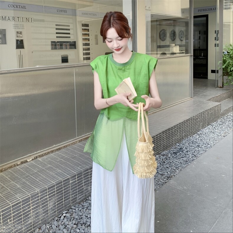 2025年夏季新款气质淡人设计下摆拼接网纱开叉背心半身阔腿裤套装,女装套装/套裙,秋水欣儿