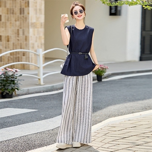 时尚条纹阔腿裤两件套女2025新款夏季无袖背心轻熟风休闲气质套装图片