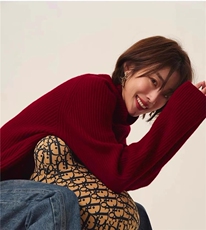 时尚潮流通勤2024秋冬季新款长袖红色羊毛高领羊毛衫，女装羊毛衫，丽特绒