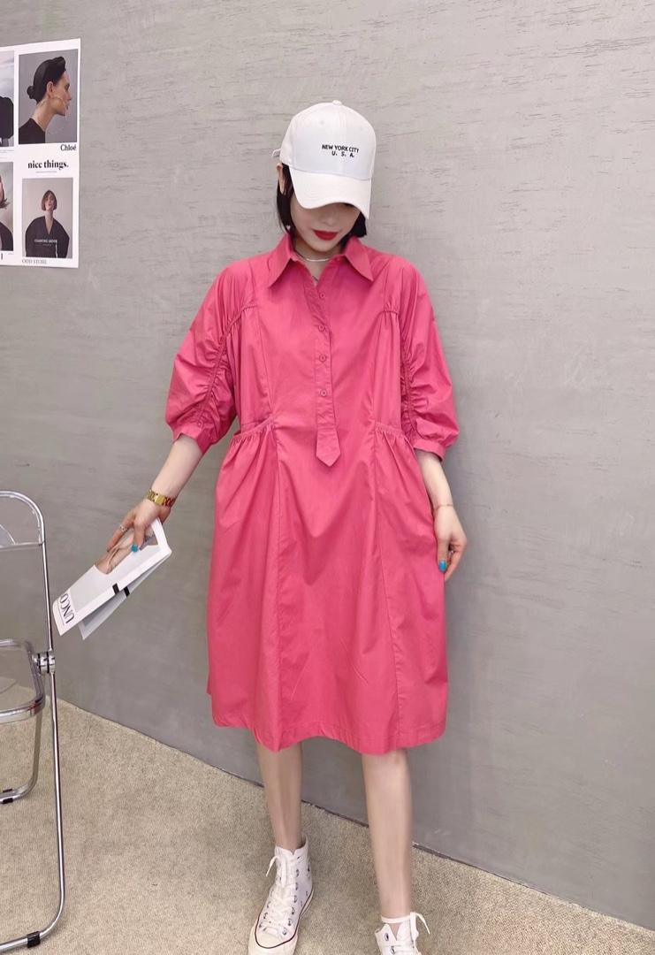 XL9906新款高级感大口袋套头抽褶长款短袖宽松韩版衬衫裙,女装衬衫,L·H·X