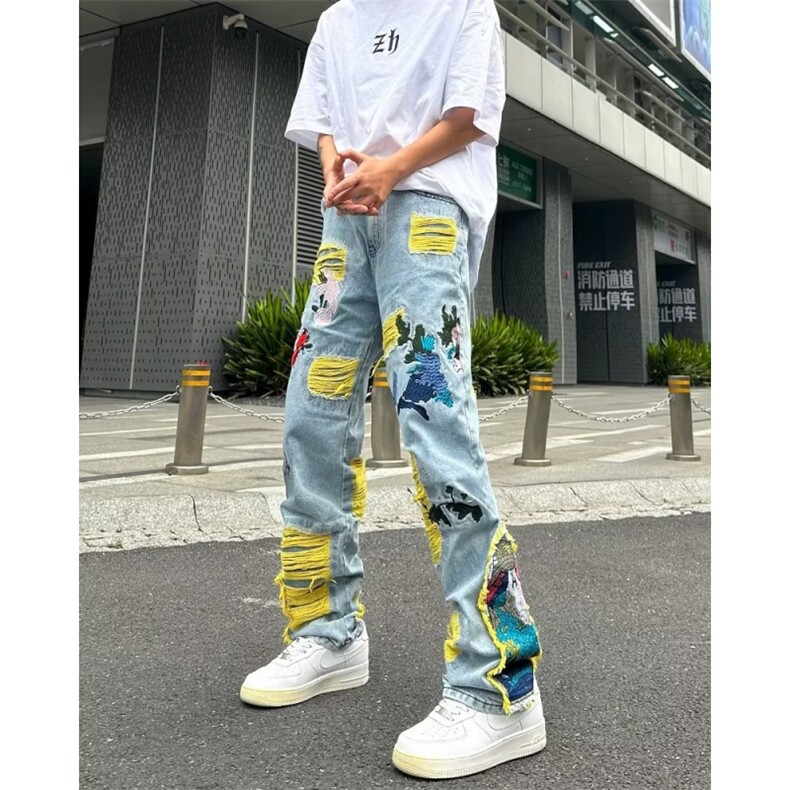 新款港风美式高街嘻哈潮牌百搭拼色休闲牛仔裤K3303-P85,男装牛仔裤,星座1109-3