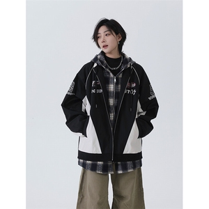 春季港风美式潮牌假两件字母印花连帽夹克 XZ213-JK6666-P80控128图片