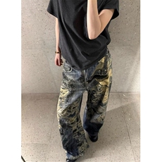 美式复古做旧破洞裤男阔腿裤脏染泼墨涂鸦牛仔长裤原宿N6086，男装休闲裤，星座1116A（原606A-3）