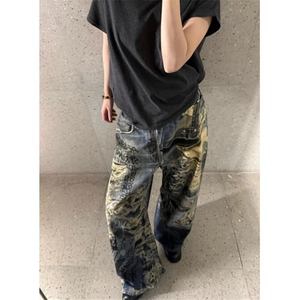 美式复古做旧破洞裤男阔腿裤脏染泼墨涂鸦牛仔长裤原宿N6086