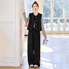 灰色波点小香风马甲套装女春2025新款小个子显瘦减龄阔腿裤三件套，女装套装/套裙，依多米