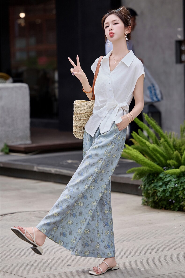 【大货】韩系通勤套装女2026夏白色绑带收腰衬衫印花阔腿裤两件套,女装套装/套裙,微微衣阁