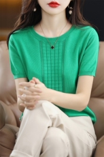 时尚百搭纯色短袖针织衫女夏季新款宽松显瘦圆领套头衫休闲上衣，女装针织衫/毛衣，秋双羊绒