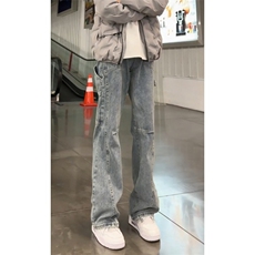 cleanfit美式斜切弯刀牛仔裤男潮牌高级感直筒裤绑带工装阔腿裤子，男装牛仔裤，星座506A