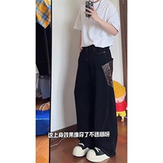 潮青少年常规蛇纹拼接弯刀牛仔裤男款美式高街中腰长裤春秋微弹，男装牛仔裤，星座506A
