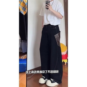 潮青少年常规蛇纹拼接弯刀牛仔裤男款美式高街中腰长裤春秋微弹图片