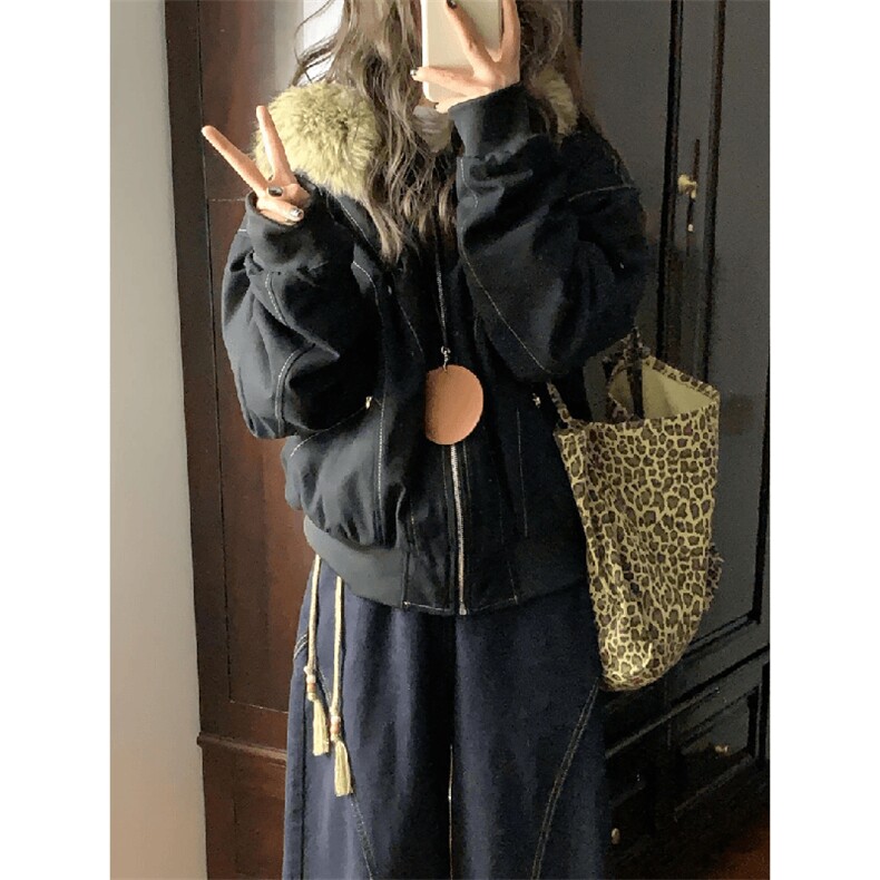现货重磅boxy短款棉衣座山雕大毛毛领男女棉服水洗工装厚外套,男装棉衣,电商A486-1