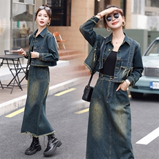 时髦流行牛仔裙两件套裙装2025春新款欧货女复古高端减龄气质长裙，女装套装/套裙，秋水欣儿