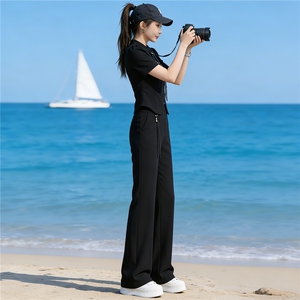 新中式风潮流套装女夏新款纯色立领盘扣短袖上衣阔腿长裤两件套图片